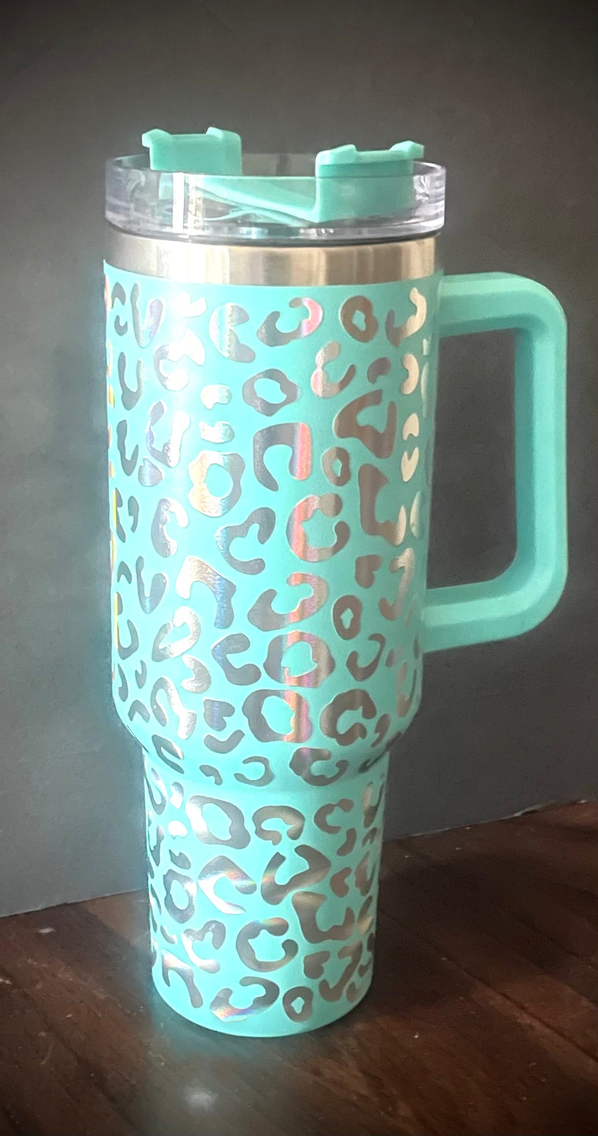 Green/Aqua 40oz Holographic Leopard Tumbler With Handle (lite blue)