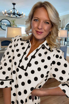 White Polka Dot Half Sleeve Collar V Neck Pocketed Casual Mini Dress