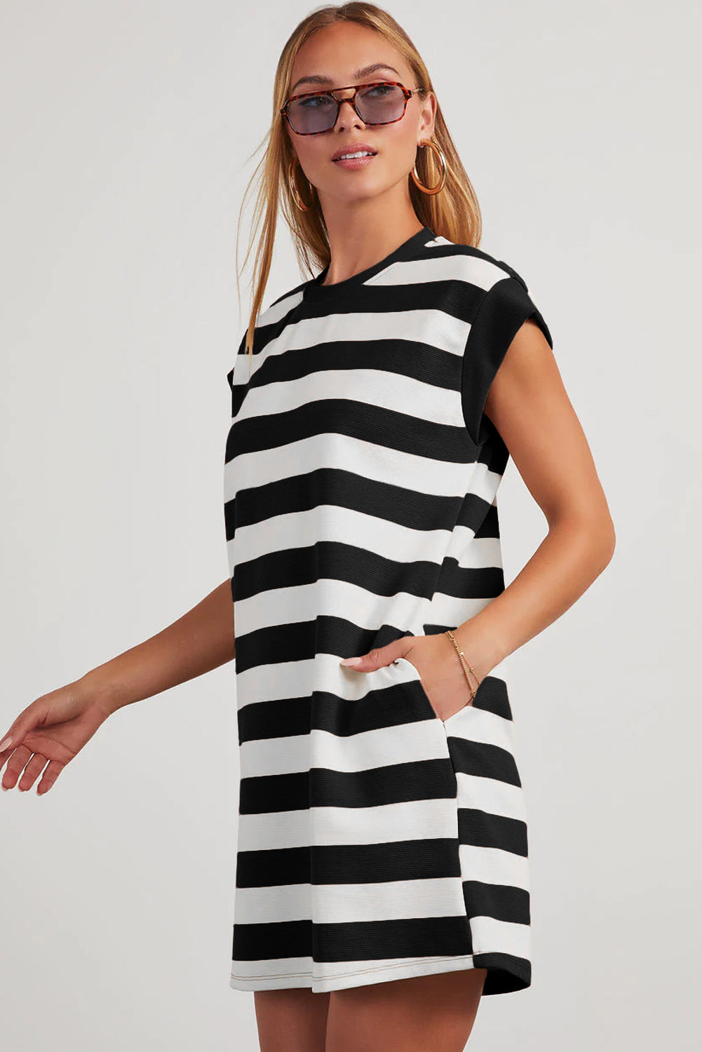 Pink Stripe Cap Sleeve Shift T Shirt Dress