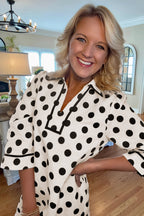 White Polka Dot Half Sleeve Collar V Neck Pocketed Casual Mini Dress