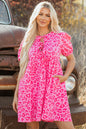 Rose Leopard Puff Sleeve Tie Front High Waist Mini Dress