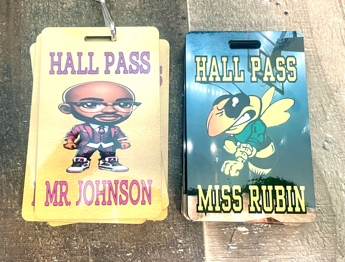 Customized hall pass design with teacher's name and image or mascot. You will receive four (4) hall passes with lanyards. Picture for example.