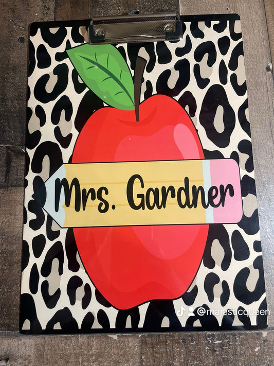 Personalized Teacher Clipboard Leopard Print & Apple