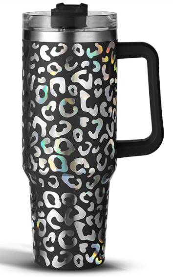 Black 40oz Holographic Leopard Tumbler With Handle