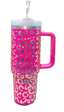 Hot Pink 40oz Holographic Leopard Tumbler With Handle