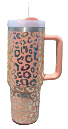 Peach 40oz Holographic Leopard Tumbler With Handle