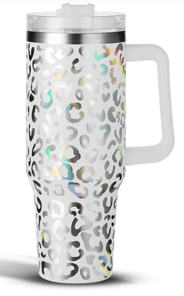 White 40oz Holographic Leopard Tumbler With Handle